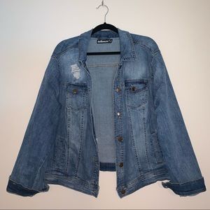 Blue Distressed Jean Jacket Button-Up with Pockets
